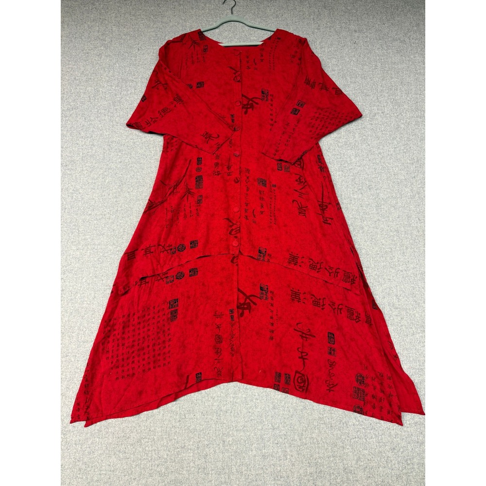 Endless Knot Art Rayon Duster DressOS Red Calligraphy Asymmetrical Sharkbite Hem